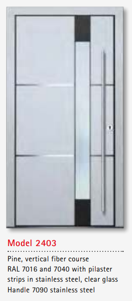 UNILUX Model 2403 Pine Door, Vertical Fiber, Dual RAL, Stainless Steel Details, Triple Sealed, Custom Size Luxury Entry Door